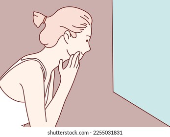 Woman mirrored bathroom touch face for make up simple korean style illustration