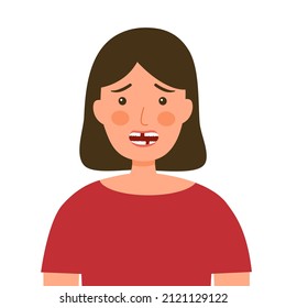 Woman with missing teeth in flat design on white background. Girl loss her tooth.