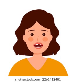 Woman with missing teeth in flat design on white background. Girl loss her tooth.