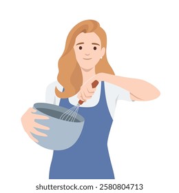 Woman Mixing Ingredients, preparing food or baking. Flat vector illustration isolated on white background