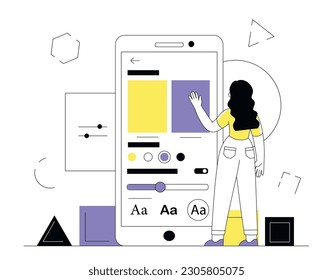 Woman with mobile application. Young girl develops interface and UI and UX design for program, website or software. User settings and account customization. Linear flat vector illustration