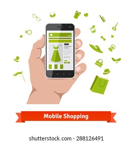 Woman mobile online shopping for accessories and cosmetics. Hand holding phone with product page and various retail wares icons.