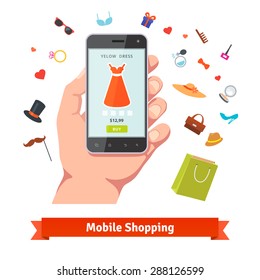 Woman mobile online shopping for accessories and cosmetics. Hand holding phone with product page and various retail wares colourful flat icons.