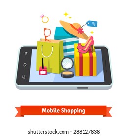 Woman mobile online shopping for accessories and cosmetics concept. Purchases in beautiful wrapped boxes, shopping bag and wares laying down on tablet computer. Flat vector illustration.