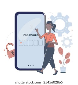 Mulher com senha de celular. Menina jovem perto da tela do smartphone. Autorização e verificação. Proteção e segurança, proteção de dados pessoais. Ilustração de vetor plano isolada no plano de fundo branco