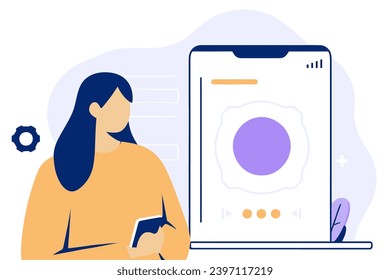 Woman and mobile phone with crypto exchange app on screen, flat vector illustration.
