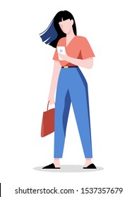 Woman with mobile phone. Female character holding smartphone. Isolated flat vector illustration