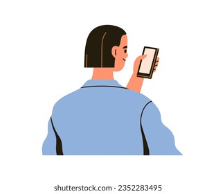 Mujer con teléfono móvil en la mano, noticias móviles, mirando la pantalla celular. Niña con smartphone, navegando por internet, medios sociales, leyendo. Ilustración vectorial plana aislada en fondo blanco