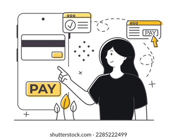 Woman with mobile phone pay online. Online payments concept. Digital wallet. Woman pay by online banking. Vector illustration concept