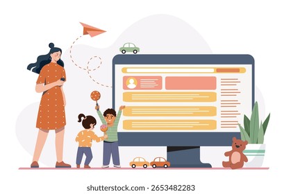 Mulher com celular ao lado de duas crianças brincando perto de uma tela grande de computador, cercada por brinquedos e plantas, sobre um fundo branco. Conceito de paternidade e tecnologia. Ilustração vetorial