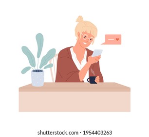 Woman with mobile phone texting to boyfriend online. Love app user writing message in dating app. Female character chatting in internet. Colored flat vector illustration isolated on white background.