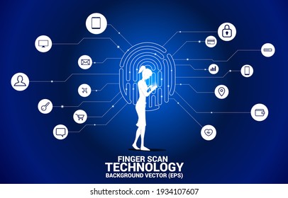 woman with mobile phone and thumbprint icon with functional icon. background concept for finger scan technology and privacy access.