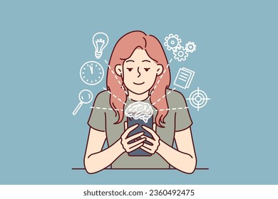 Woman with mobile phone uses artificial intelligence application to schedule or complete professional tasks. Concept development of artificial intelligence and ai applications with chat bots