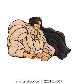 Woman with mobile phone, using social media and chatting online. Person with smartphone, surfing internet and texting, relaxing with cell at home. Flat vector illustration isolated on white background