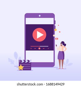 Woman with mobile phone using and watching streaming service with clapper. Streaming cinema concept. Concept of video marketing, online cinema. Vector illustration for UI, web banner, mobile app