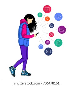 Woman with mobile phone. Vector illustration of woman for mobile app, banner or presentation