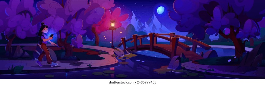 Woman with mobile phone walking in city park with bridge over pond or river, pink flowering sakura trees and lanterns at night. Cartoon spring vector of japanese cherry woods in urban garden.