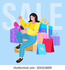 Woman With Mobile Sitting On Box Among Colorful Shopping Bags And Gift Box. Making Online Shopping. Sale Poster. Promo Christmas, New Year Banner. Vector Illustration