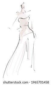 Mujer, modelo vestida. Ilustración de moda en estilo boceto. Vector