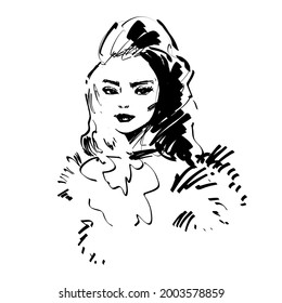 Woman model face black and white line art vector drawing sketch for makeup artist card and beauty salon design.