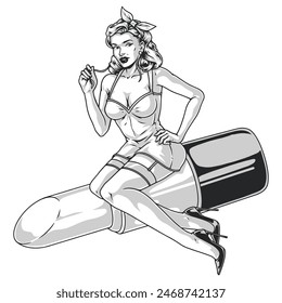 Modelo de mujer monocromo pin-up elemento con chica sentada en lápiz labial gigante invitando a hacer maquillaje en salón de belleza Ilustración vectorial