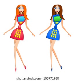 Woman model in a suit mobile phone. Red and blue dress-phone. Vector illustration.