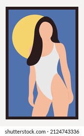 Woman model in swimsuit bikini portrait. Female body in one piece swimsuit. Design for print and poster. 