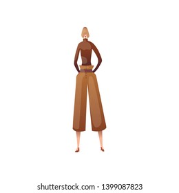 Woman model in trousers and turtleneck. Vector illustration on white background.