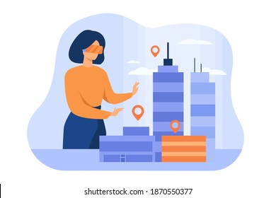 Woman modeling 3d office buildings on table flat vector illustration. Cartoon architect engineer wearing digital glasses of virtual reality. Construction and architecture concept