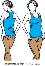woman modeling clothes front and back vector illustration