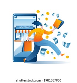 A woman in modern clothes comes out with purchases from an online store in a smartphone. Concept vector illustration in flat style on the topic of e-Commerce.