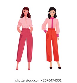 Mujer con ropa moderna. Clipart de Vector plano, ilustración con fondo aislado.