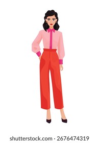 Mujer con ropa moderna. Clipart de Vector plano, ilustración con fondo aislado.
