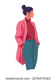 Mujer con ropa moderna. Clipart de Vector plano, ilustración con fondo aislado.