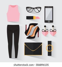 Woman modern clothing set. Stylish and trendy clothing. Casual day look. Businesswoman clothes decorative icons flat set. Vector illustration