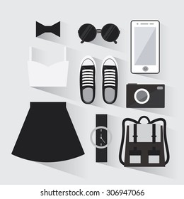 Woman modern clothing set. Stylish and trendy clothing. Black and white wardrobe. Casual day look. Fashion clothes decorative icons flat set. The hipster style. Vector illustration