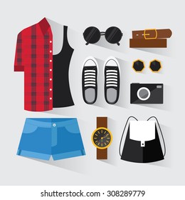 Woman modern clothing set. Stylish and trendy clothing. Casual day look. Fashion clothes decorative icons flat set. Vector illustration