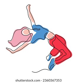 Woman modern dance continuous line colourful vector illustration