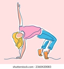 Woman modern dance continuous line colourful vector illustration