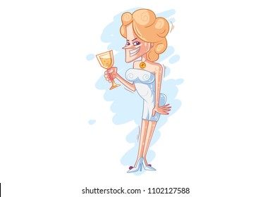 Woman in modern dress with beer glass. Vector cartoon illustration.