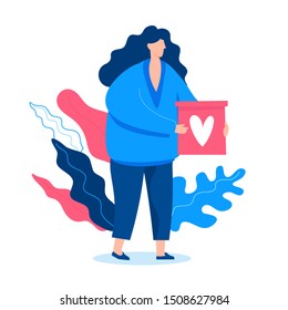Woman modern flat design vector character with the heart in the arm. Charity donation and inclusion art illustration. 