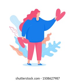 Woman modern flat design vector character with the heart in the arm. Charity donation and inclusion art illustration. 