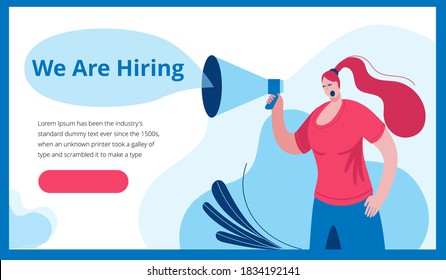 A woman in a modern style shouts into a megaphone. Template for a horizontal banner in a flat style about working in a company. 