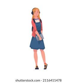 Woman as Modern University Student Standing with Backpack and Book Vector Illustration