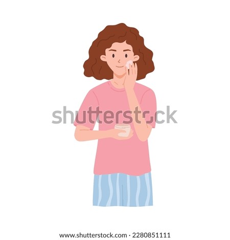 Woman moisturizing face with cream, flat vector illustration isolated on white background. Person applying moisturizer on face. Concepts of skin care routine and dermatology.
