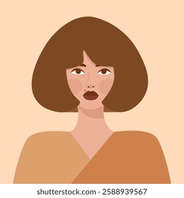 woman with mole on face, short hair girl flat style illustration, vector