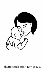 woman mom with dark short hair holds a newborn sleeping baby in her arms drawn by a black line on a white background by hand for illustrations of collage on posters