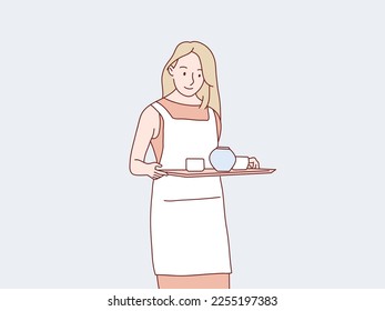 Mujer mamá ama de casa madre servir bandeja de té simple ilustración de estilo coreano