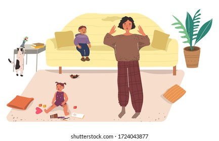 A woman mom stands bewildered in the middle of the room, surrounded by a mess flat vector illustration. Tired mother in stress, crying children, home mess. 