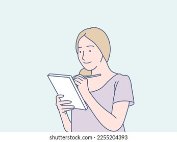 Woman mom taking notes in copybook standing simple korean style illustration